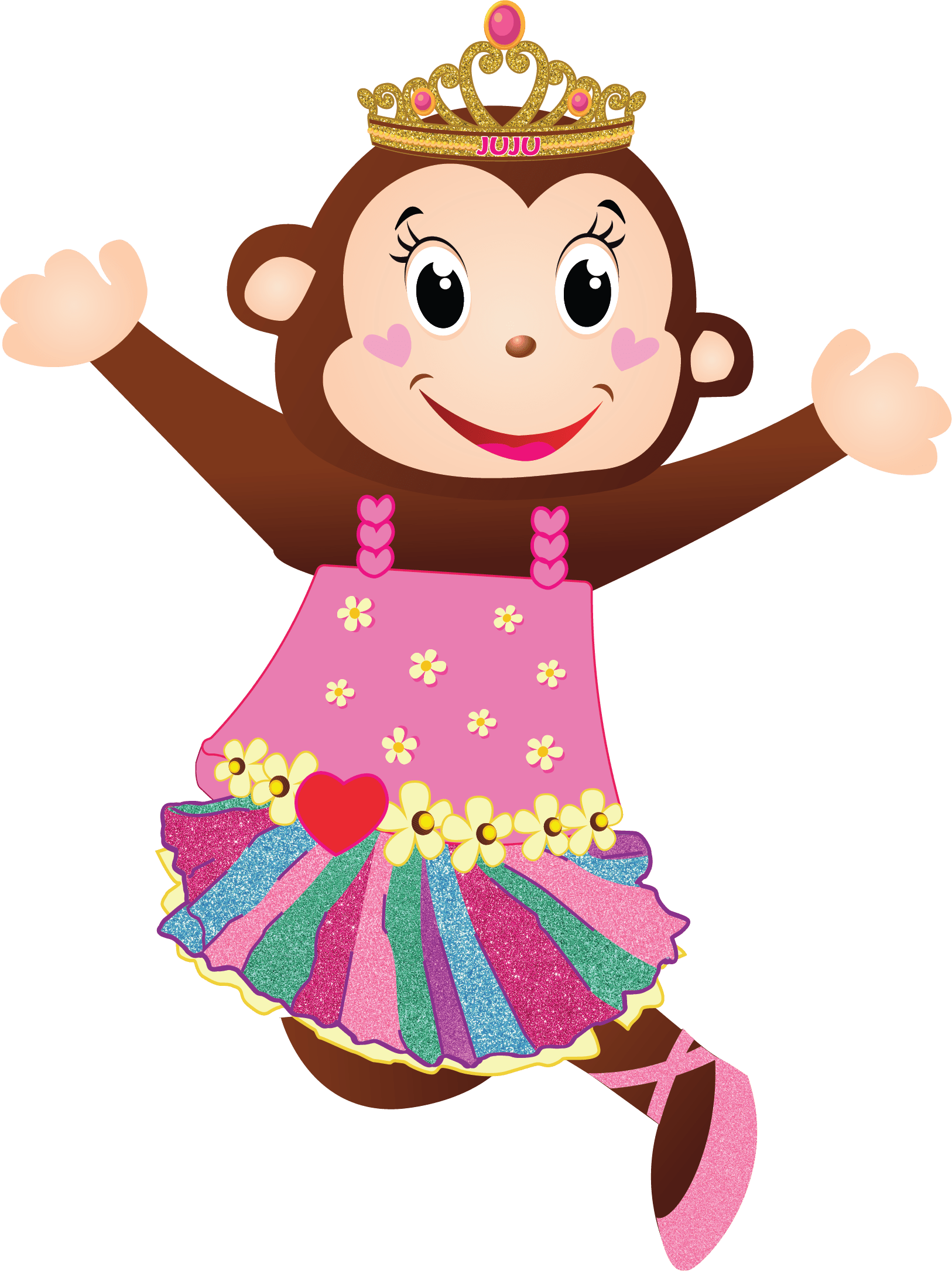 Juju, the Cheeky Monkeys princess, in a tiara and a flowery pink dress