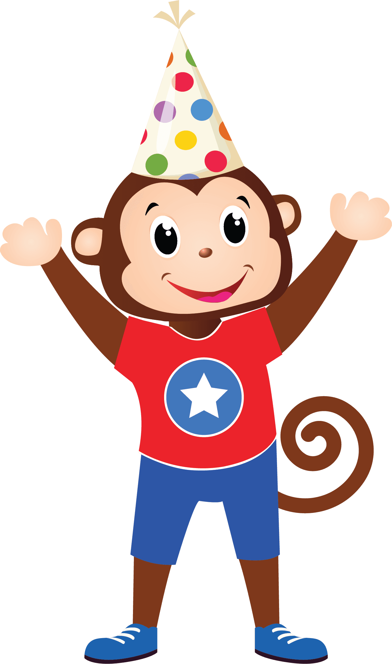 A Cheeky Monkeys character cheering in a party hat